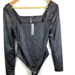 NWT Second Skin Metallic Black Long-Sleeve Square Neck Bodysuit size L